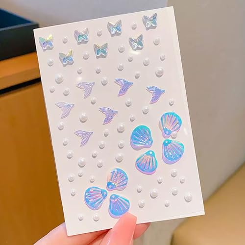 WIWUFUE Mermaid-Blue Face Gems & Seashell Rhinestones - Waterproof Self-Adhesive Body Art for Festival, Rave & Cosplay