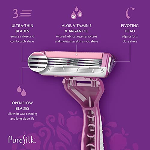 Pure Silk Disposable Female Razors - 3 Pack, 12 Count, Moisturizing Blades