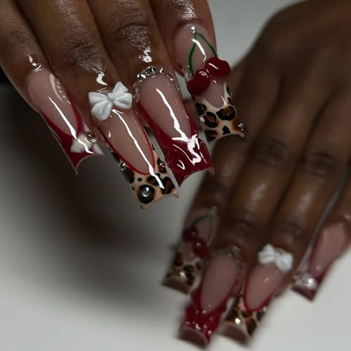 RIICFDD Styl 2 Long Press Square Leopard Print Fake Nails with Glue Set