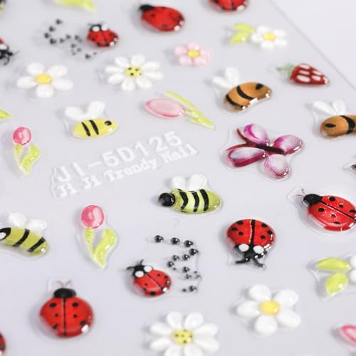 5D Embossed Nail Art Stickers - Bee, Ladybug & Flower Designs