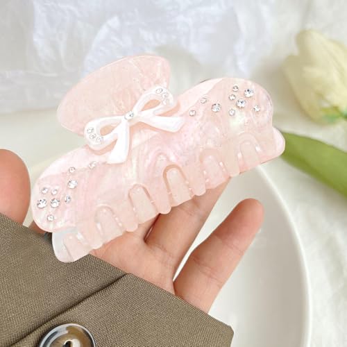 Pink Bow Claw Clip for Women - Non-Slip Rhinestone Hair Accessory
