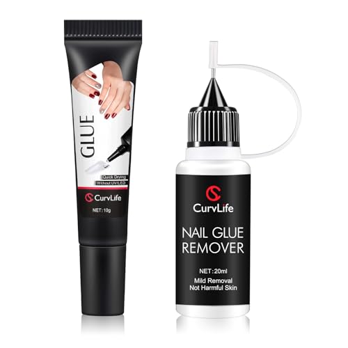 Curvlife 10g Semi-Solid Nail Glue & 20ml Non-Acetone Remover Kit (0.25 Fl Oz Pack of 2)