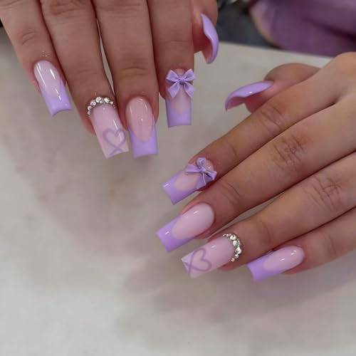 YEFIUO MQ05 Medium Square Press On Nails with Heart Rhinestones – Purple French Design 24Pcs
