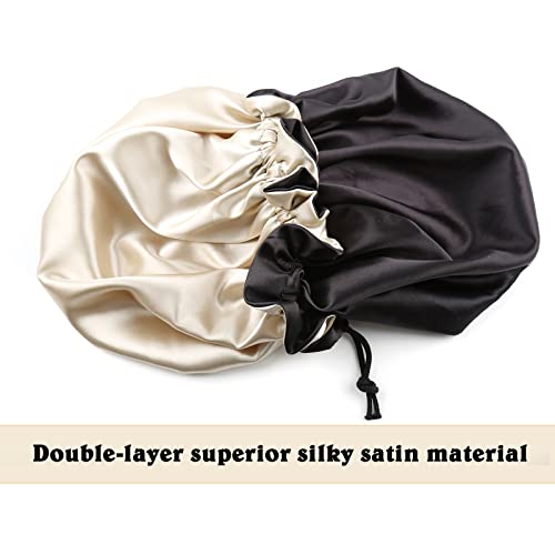 Large Satin Bonnet for Women - Adjustable Double Layer Night Cap (Black/Champagne)
