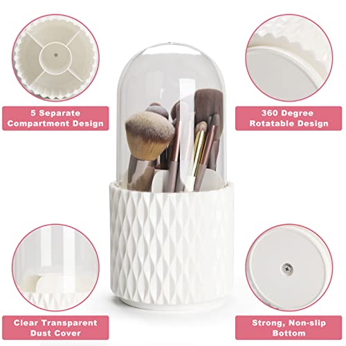 White Makeup Brush Holder Organizer with Lid - 360° Rotating Dustproof