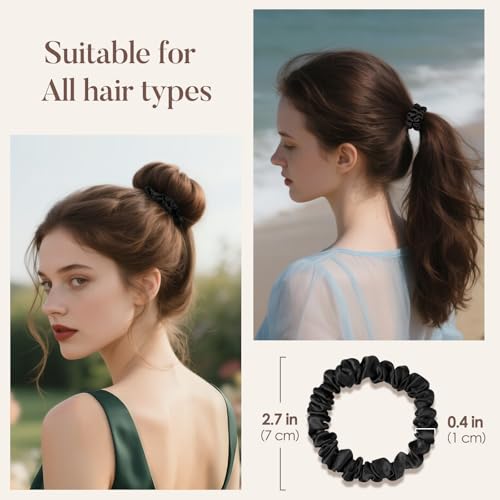 Black Small Mulberry Silk Scrunchies for Thin Hair - 3 Pack