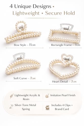 4-Piece Pearl Hair Claw Clip Set - Elegant Strong Hold for All Hair Types