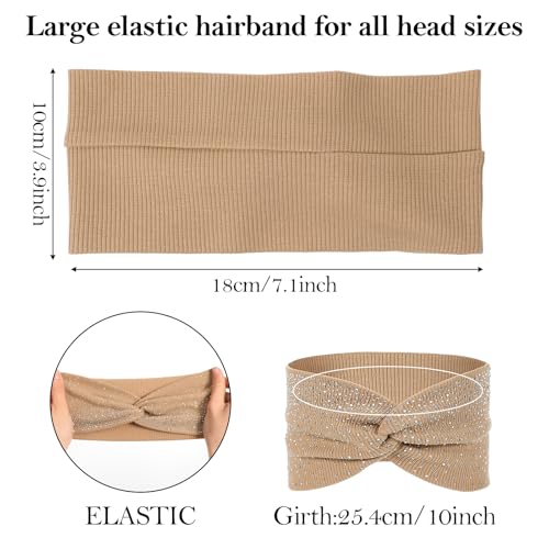MBAIYO 3-Pack Sparkly Crystal Headbands - Elastic Rhinestone Wide Headbands in Black, Khaki, Light Gray