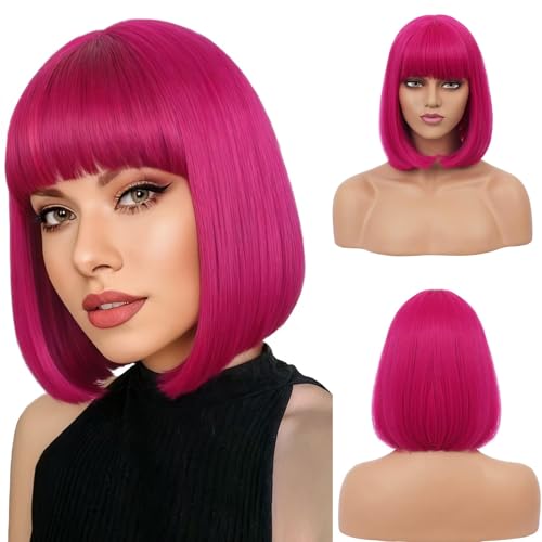 RightOn Hot Pink Bob Wig with Bangs - 12 Inch Short Straight Hair