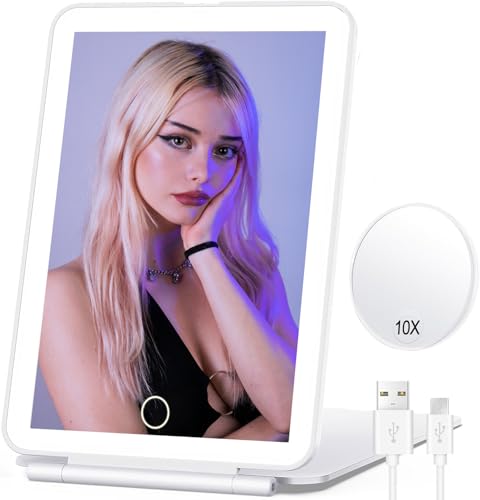 Lighted Makeup Mirror with 10X Magnification – Rechargeable Folding Vanity Mirror