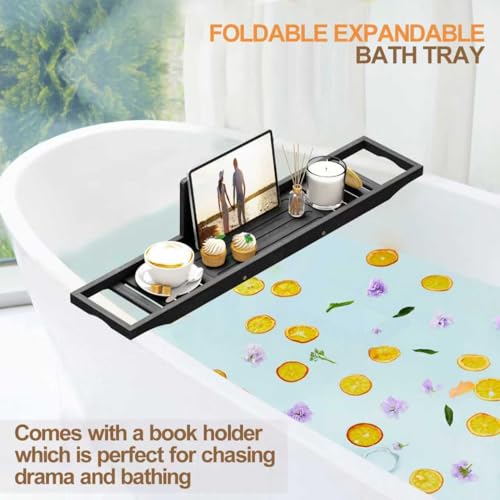 Teakhzct Black Bamboo Bathtub Tray Caddy for Tub - Waterproof Bath Table