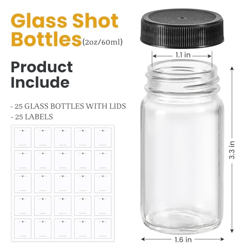 25 Pack 2 oz Glass Shot Bottles with Black Caps - Leakproof & Dishwasher Safe