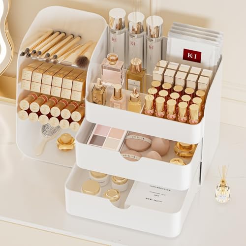 Large Makeup Organizer for Vanity with Drawers and Brush Holder, White