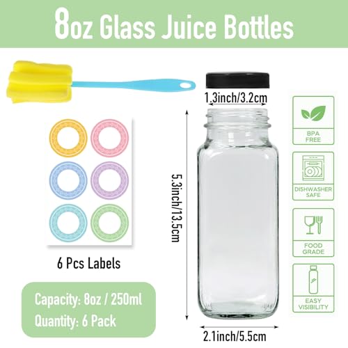 NEWMIAO 6-Pack 8 oz Reusable Glass Juice Bottles with Lids