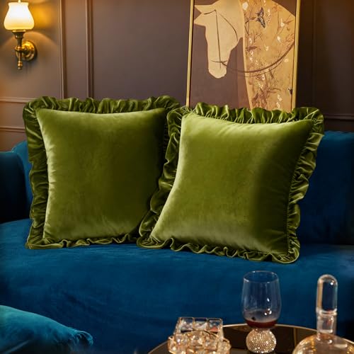 Olive Green Velvet Throw Pillow Covers, 18x18 Inches, Set of 2