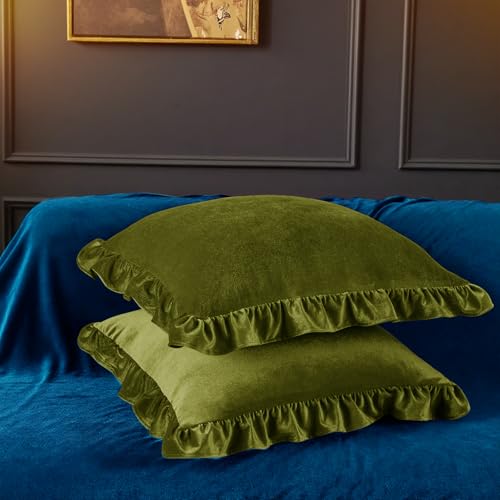 Olive Green Velvet Throw Pillow Covers, 18x18 Inches, Set of 2