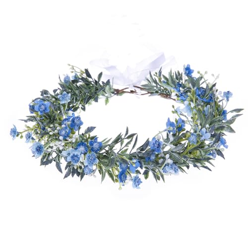 Blue Floral Crown Headband - Adjustable Handmade Wedding Flower Wreath