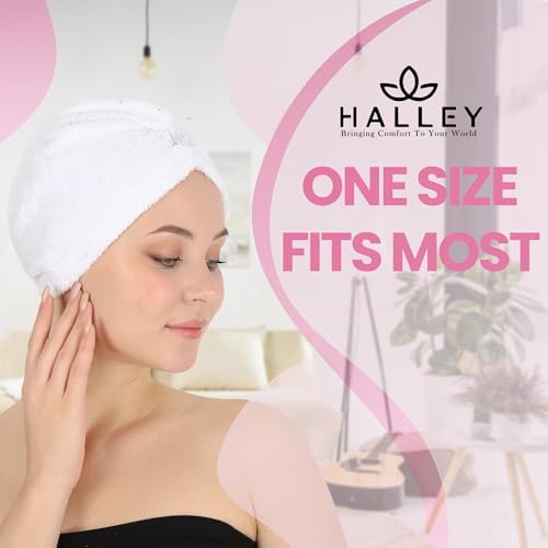 HALLEY Cotton Hair Towel Wrap - 3 Pack Super Absorbent Towels for Thick Hair (White)