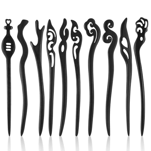 10 Pcs Vintage Wooden Hair Sticks for Women - Chinese & Japanese Bun Pins
