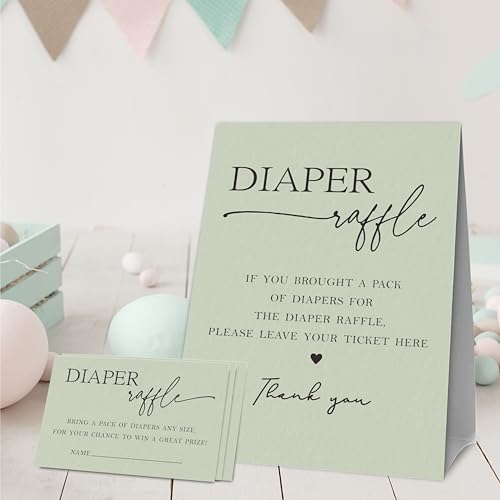 Diaper Raffle Sign & 50 Tickets - Moss Green Baby Shower Decorations