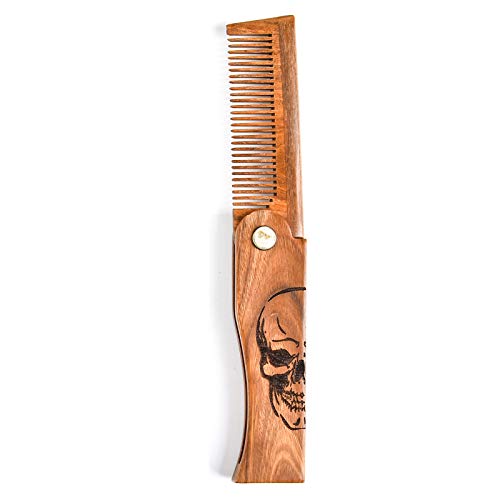 Menesia Skull Folding Wooden Beard Comb for Men with Leather Travel Case