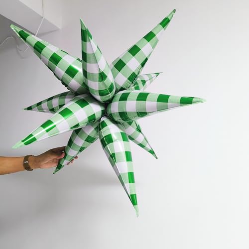 32-Inch Green & White Gingham Star Burst Balloons - Multi-Occasion Party Decor