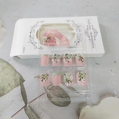Green French Tip Press-On Nails | Floral Design, 24 Pcs