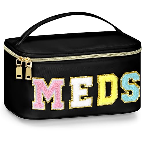 BuyCard Black Nylon Meds Cosmetic Pouch with Chenille 'MEDS' Letters Preppy Bag with Zipper & Handle