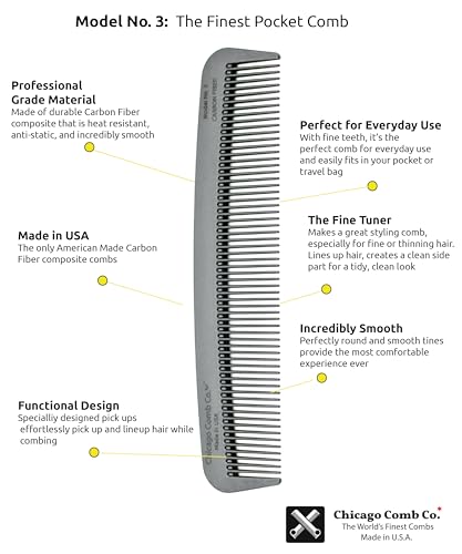 Chicago Comb Model 3 Carbon Fiber Pocket Comb - Anti-Static EDC for Fine Hair