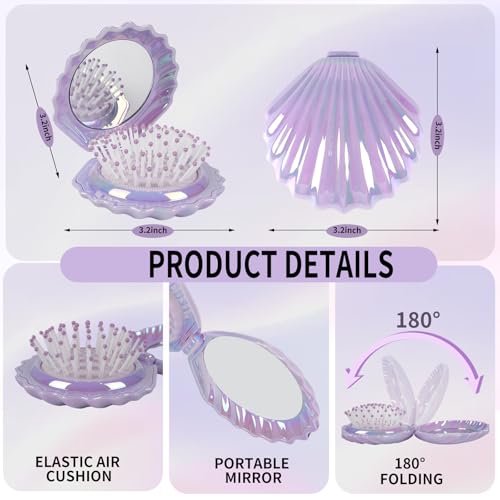 Purple Foldable Travel Hair Brush with Mirror - Compact Shell Design, Portable & Shiny Finish