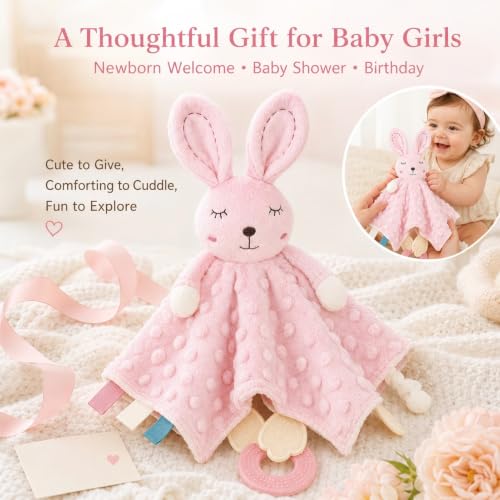 ZIGJOY Pink Bunny Security Blanket for Baby Girls - 4-in-1 Sensory Lovey