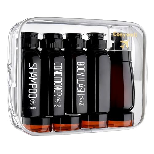 Cosywell 3.4oz Black Travel Bottles Set with Labels & Leakproof Spray & Jars - TSA Approved
