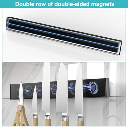 14" Magnetic Knife Holder with 3 Hooks - Heavy Duty Stainless Steel Wall Organizer