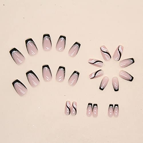 24PCS Medium Square Press-On Nails with Silver Glitter French Tips