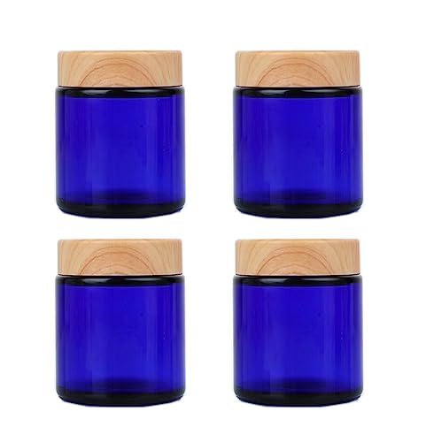 Blue Glass Cosmetic Jar Set 4 Pcs 100g Refillable Cream Containers with Wood Grain Lids