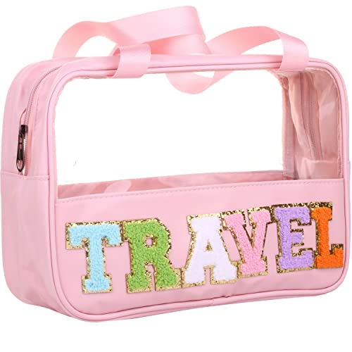 Clear Travel Makeup Bag with Chenille Letter Patch - Large Toiletry Tote