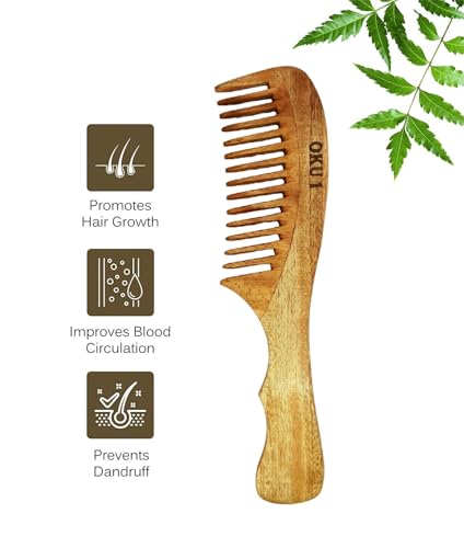 Neem Wooden Comb for Hair & Beard – Anti-Hair Fall Dandruff Control, Detangler & Scalp Stimulator