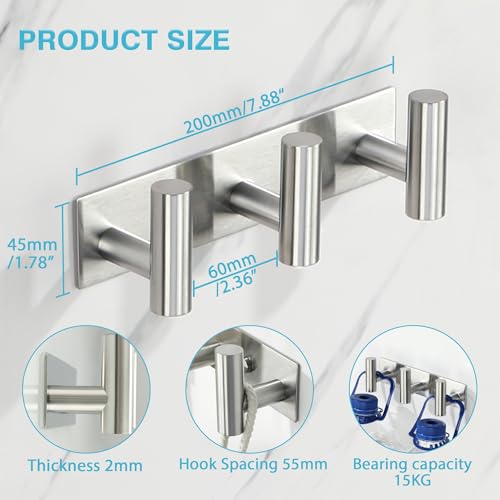Alise Wall-Mounted Coat Rack with 3 Hooks - Stainless Steel, Adhesive or Drilling