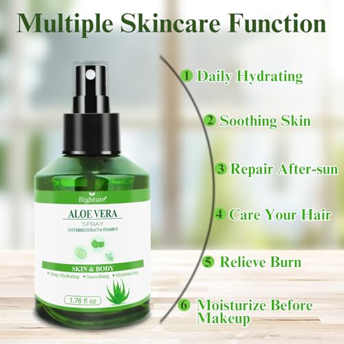 BIGHTURE Aloe Vera Facial Hydrating Spray with Cucumber & Vitamin E, 1.73 oz