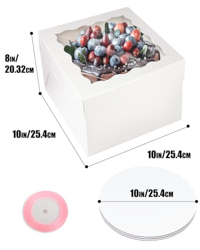 qiqee 10x10x8 White Cake Box Set with 10" Round Boards & Ribbon