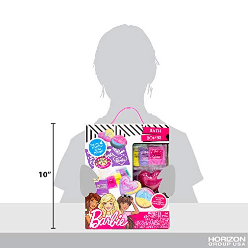 Horizon Group USA Barbie DIY Bath Bomb Kit for Kids - Create 4 Colorful, Fragrant Fizzies with Molds & Glitter - Pink, Yellow, Teal & Purple