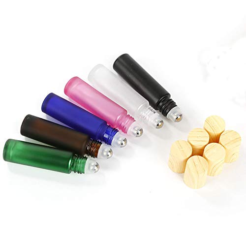 Furnido Pink Frosted Essential Oil Roller Bottles 10ml, 5 Pack with Stainless Steel Rollers & Wood Grain Lids