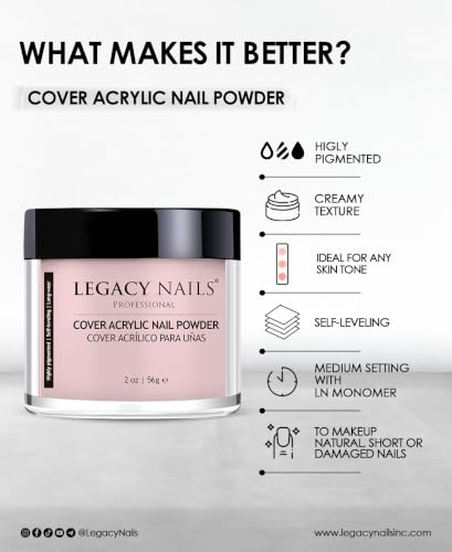 Legacy Nails Professional Cover Acrylic Powder - Cover Rose, 4 Ounces