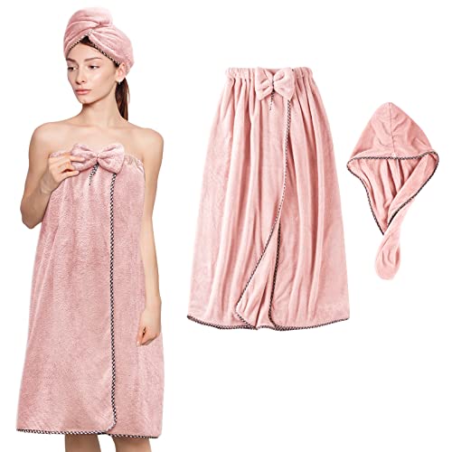 KOIKEY Pink Microfiber Bath Towel Wrap with Hair Towel