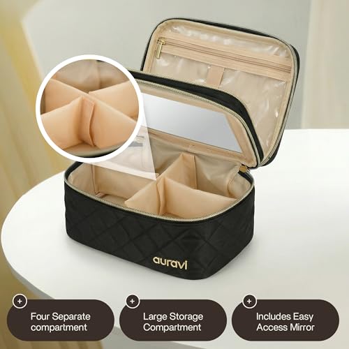 aura'vi Travel Makeup Bag with Mirror - Medium Black Cosmetic Organizer