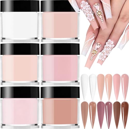 6-Color Acrylic Nail Powder Kit with Glitter - Nude Pink, White, Crystal & More for Nail Art