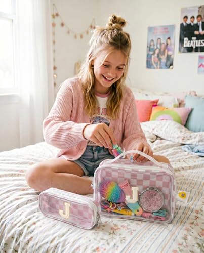 LETGO Personalized Checkered Makeup Bag Set of 2 - Pink & Beige J Variation