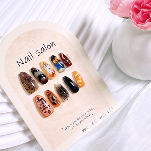 30Pcs Halloween Press On Almond Nails with 3D Spider & Bat Designs