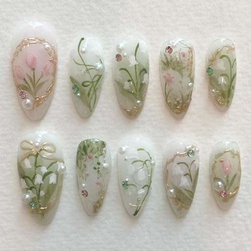 Green Almond Press-On Nails with 3D Pearl Rhinestones - 24 Pcs