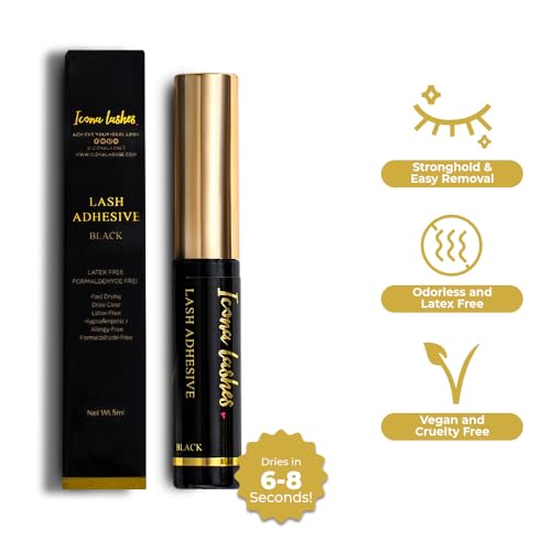 Icona Lashes Black Eyelash Glue - Fast Drying, 48-Hour Hold, Latex-Free, 5ml